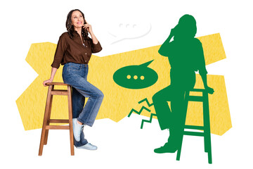 Composite photo collage of happy old woman sit chair bubble communication friend incognito shadow speech isolated on painted background
