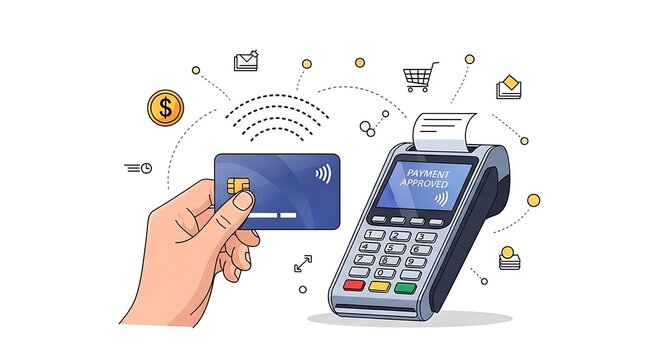 Hand holding credit card near payment terminal