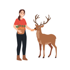 Woman Feeding Deer with Carrots. Flat vector illustration isolated on white background