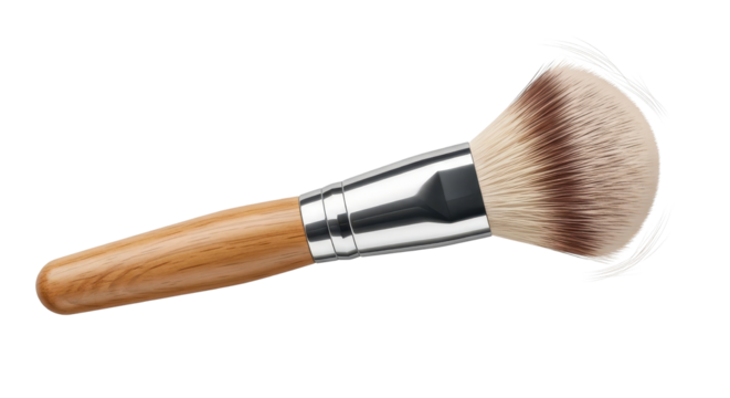 Professional cosmetic powder makeup brush with wooden handle for beauty application isolated PNG with Transparent Background