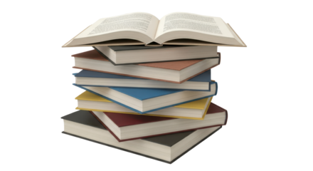 Tall stack of colorful hardcover books with open textbook symbolizing learning and knowledge. isolated PNG with Transparent Background