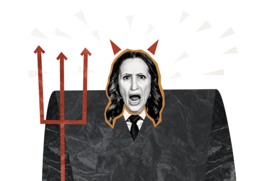 Composite photo collage of angry businesswoman satan monster devil hold harpoon dictatorship work problem isolated on painted background