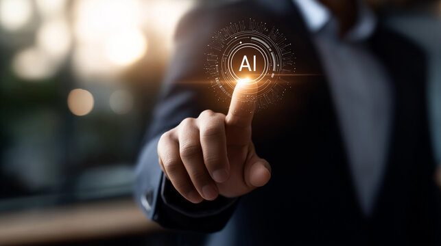 AI technology concept crop below eyes background softly defocused artificial intelligence for business data analysis businessman with AI assistant icon on virtual screen intel