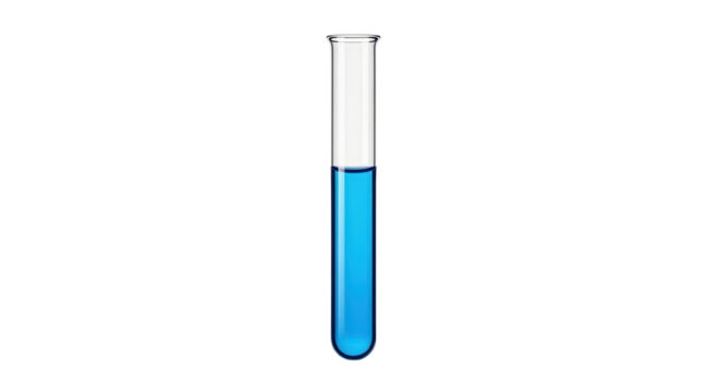 Single laboratory test tube containing vibrant blue liquid for scientific research and medical testing isolated PNG with Transparent Background