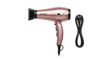 Luxury rose gold professional hair dryer and cord product photography for styling and beauty isolated PNG with Transparent Background