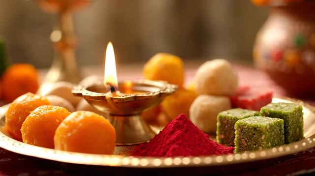 Traditional Indian Festive Offerings: Diya Lamp, Colorful Sweets, and Kumkum for Hindu Celebrations