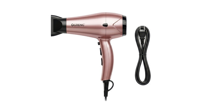 Luxury rose gold professional hair dryer and cord product photography for styling and beauty isolated PNG with Transparent Background