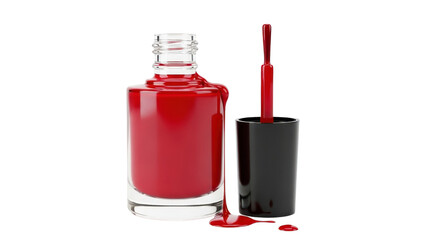 Vibrant red nail polish bottle with applicator brush for beauty and cosmetic advertising campaigns isolated PNG with Transparent Background