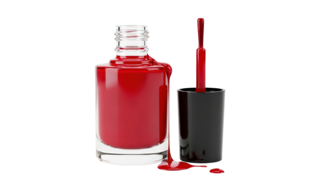 Vibrant red nail polish bottle with applicator brush for beauty and cosmetic advertising campaigns isolated PNG with Transparent Background