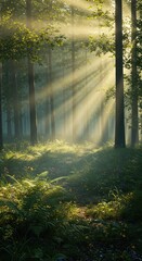 Obraz premium Sunbeams pierce through a misty forest canopy onto lush undergrowth.