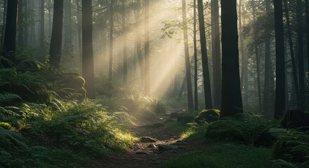 Naklejka premium Sunbeams pierce through a misty forest onto a mossy path.
