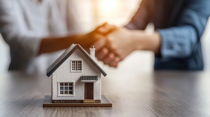 A miniature house model sits on a table, symbolizing a real estate deal as two people shake hands in the background.