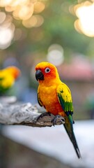 Brightly colored sun parakeet perches on a branch, blurred background with a second bird