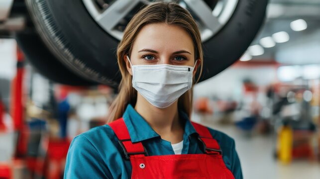A woman in a blue shirt and red overalls, wearing a mask, poses confidently in a workshop with a tire in the background.