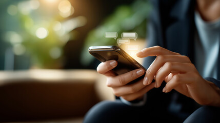 Chat conversations faceless framing room gently defocused digital chatbot conversation assistant AI person using smartphone typing live chat and social network mobile