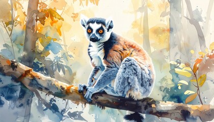 Obraz premium Ring tailed lemur perched on a branch in a warm watercolor forest scene symbolizing curiosity and Madagascar biodiversity at sunrise in autumn tones