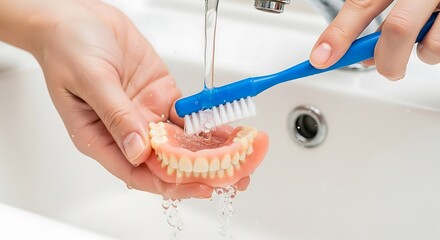 Hands cleaning dentures with water and toothbrush