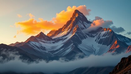 Majestic snow capped mountain peak illuminated by warm orange sunrise light above low hanging mist