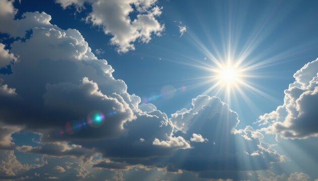Bright sun with intense light rays shining through dramatic cumulus clouds against a deep blue sky