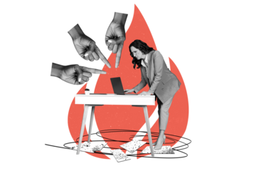 3D photo collage sketch image of business boss hand finger point task way direction aged woman work laptop stand table office manager