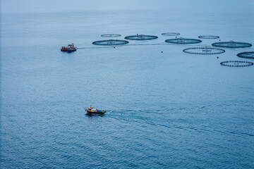 Boat for feeding fish on offshore aquafarming fish farm in sea for cultivation fish, aerial view