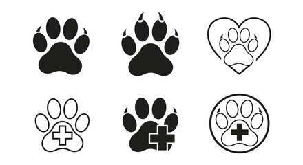 Fototapeta premium Animal paw print icon set, 6 black veterinary and pet care symbols, dog and cat paw silhouettes with medical cross and heart shapes