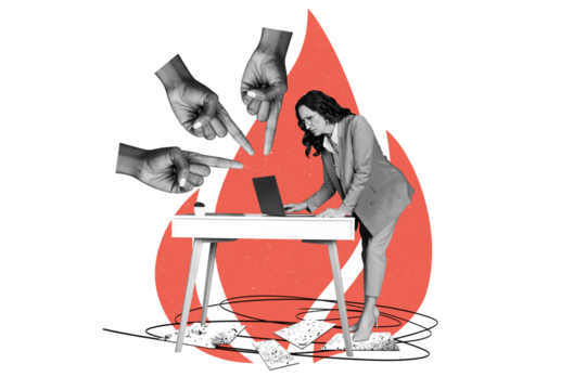 3D photo collage sketch image of business boss hand finger point task way direction aged woman work laptop stand table office manager