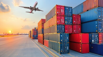Fototapeta premium A cargo area filled with colorful shipping containers at sunset, with an airplane flying above, illustrating global trade and logistics.