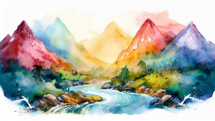 Live watercolor mountains and river landscape. Abstract, colorful nature painting, artistic adventure theme.