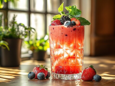 Lighting Art! Strawberry, Blueberry, Blackberry Smoothie in Tilted Glass, White Background with Sunlight & Top Light, Pro Shot by Nikon Z6 II + F/2 Lens