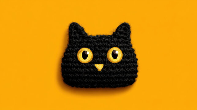 Black Cat, A crochet-style black cat face patch with yellow yarn eyes, isolated on a solid orange background. With a warm and cozy vibe, Minimalist advertising mockup.