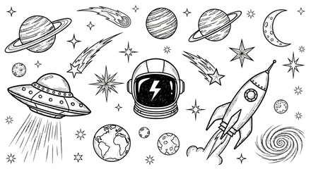 A collection of hand-drawn space and astronomy doodle icons featuring rockets, planets, and astronauts © John