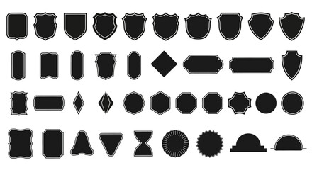 A versatile collection of fifty black silhouette shapes, including shields, badges, and emblems, perfect for logo design and graphic projects