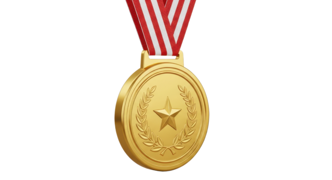 Gold medal award with red and white ribbon isolated PNG with Transparent Background - Powered by Adobe