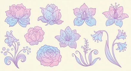 Obraz premium Beautiful collection of pastel gradient fantasy flowers and plants.