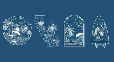 A collection of four California summer vacation emblems in a minimal line art style, featuring beach scenes, palm trees, and surfing themes © John