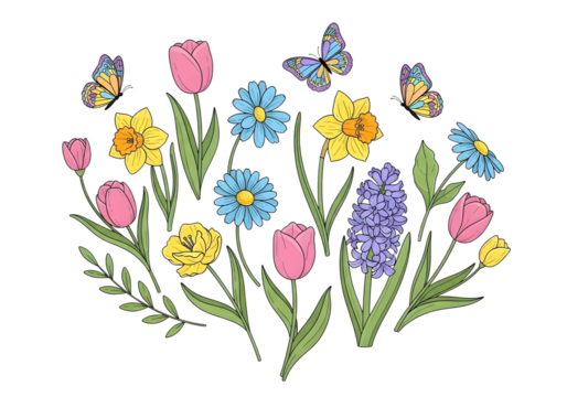 Spring floral arrangement with butterflies isolated on transparent background