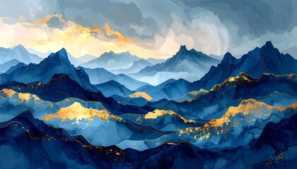 A stylized watercolor landscape painting depicting layers of blue mountain ranges with golden accents, under a cloudy sky