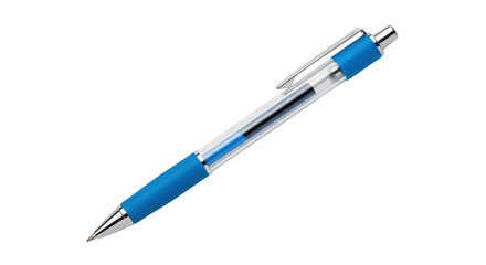Modern blue and clear plastic ballpoint writing pen isolated on a pure white background