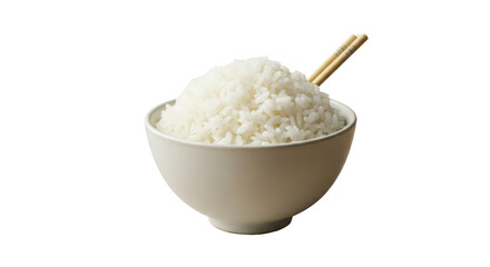 Fluffy cooked white rice in a ceramic bowl with chopsticks isolated on white background