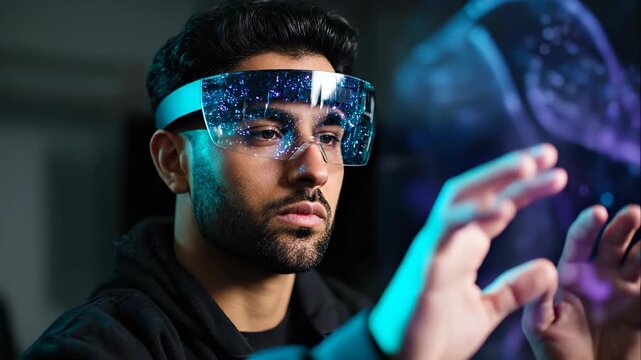 Young Indian Man Interacting with Advanced Holographic Augmented Reality Interface for Futuristic Education