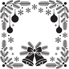 Elegant Christmas Frame with Bells Ornaments and Snowflake Decoration in Black
