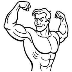 Stylized cartoon illustration of a muscular man confidently flexing his biceps and showing off his defined physique