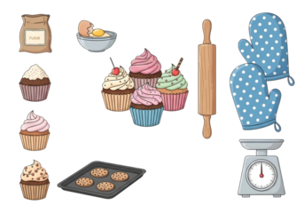 Baking ingredients and tools isolated on transparent background
