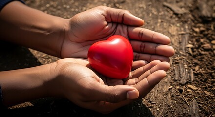 Hands holding a red heart on dirt