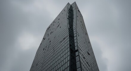 Modern skyscraper with dark glass facade and sharp geometric lines against cloudy sky.