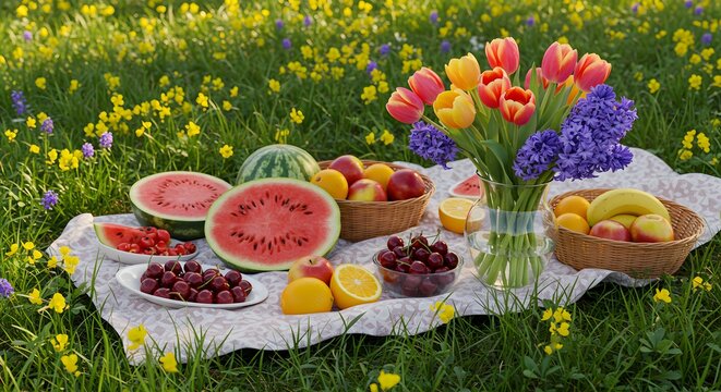 Picnic in a park with fresh fruits and flowers, springtime joy.