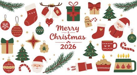 Colorful flat vector illustration featuring Christmas 2026 greeting with Santa Claus, gifts, Christmas trees, ornaments, candy canes, socks, candles, and festive decorations.  © Aries