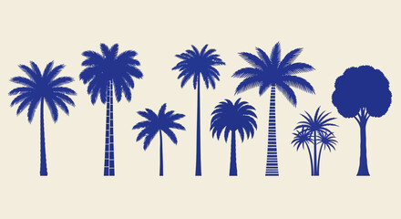 A diverse collection of blue palm tree silhouettes, isolated vector icons for tropical and summer design concepts © John