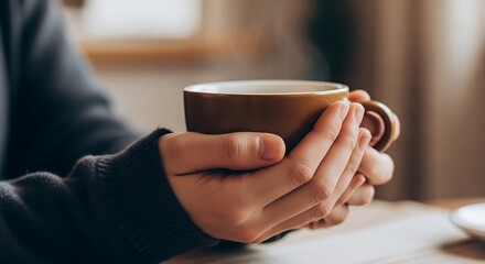 Hands holding a warm mug of coffee